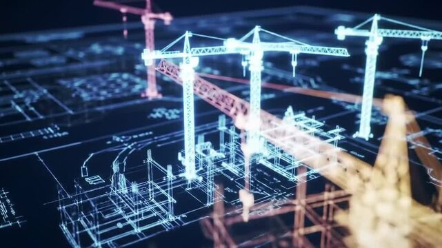 Construction blueprint with cranes and building structures, showcasing architectural design and engineering.