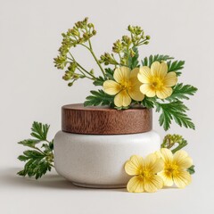 Speckled Ceramic Jar with Wooden Lid and Yellow Flowers
