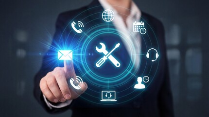 Business person touching a glowing email icon in a virtual customer service inte