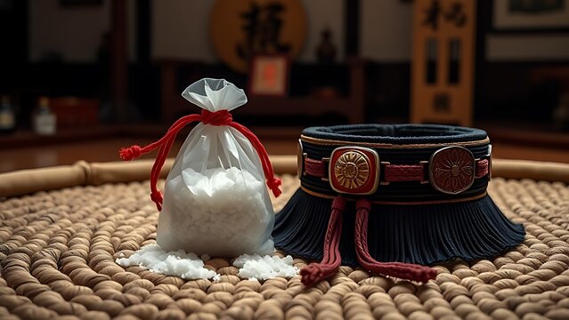 dohyo. Salt pouch and decorative belt on a sumo ring, traditional Japanese elements, ceremonial arrangement. event key visuals.