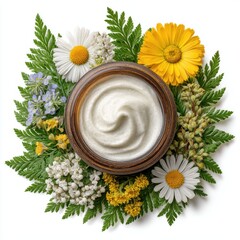 Swirled Cream in Brown Jar Surrounded by Blooming Flowers