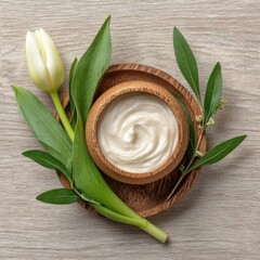 Swirled Off White Cream in Wooden Bowl with Tulip and Leaves