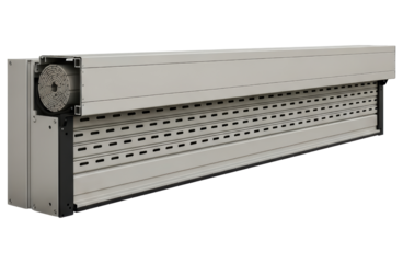 Metal roller shutter door mechanism showing internal coil and slats on a transparent background