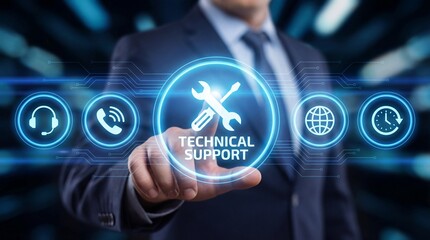 Professional man in suit interacting with glowing technical support virtual inte