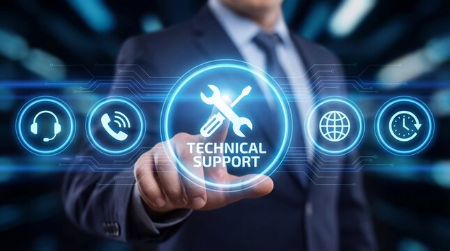 Professional man in suit interacting with glowing technical support virtual inte - Powered by Adobe