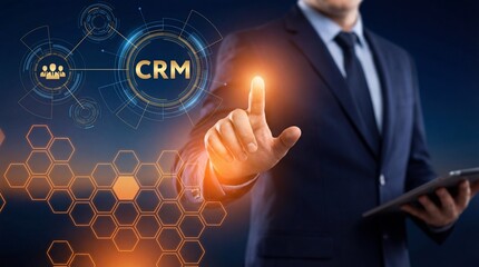 Professional man interacting with glowing CRM interface and holding tablet