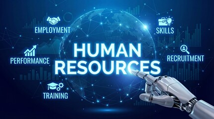 Robotic hand pointing to Human Resources text on a glowing blue digital globe ne