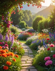 Stone path curves through a vibrant flower garden to sunlit mountains