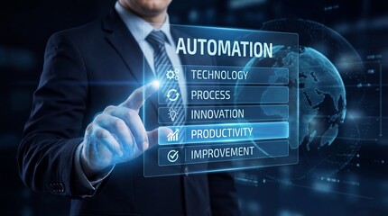 Professional man touching automation productivity on a futuristic digital screen