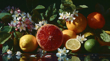 Vibrant assortment of citrus fruits and blossoms arranged dramatically against a dark background