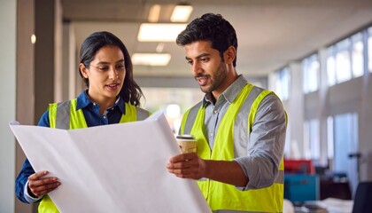 Two construction workers examining architectural plans in an office.