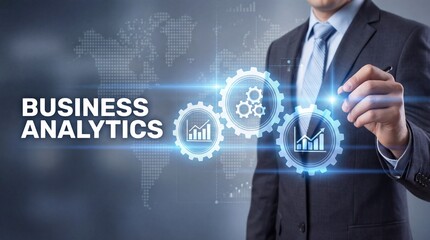 Professional businessman interacting with glowing business analytics digital int