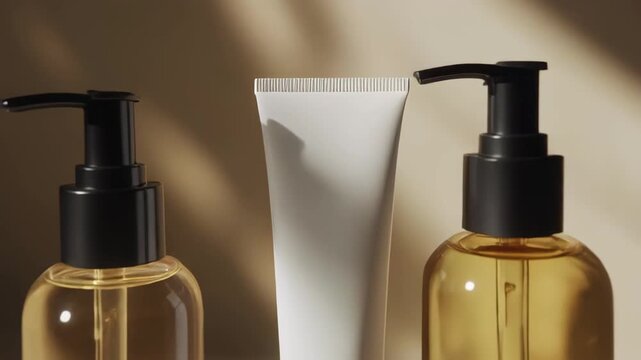 Cosmetic Still Life with Transparent Bottles and White Tube Product