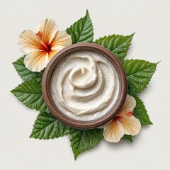 Whipped Cream in Wooden Bowl with Hibiscus Flowers and Green Leaves
