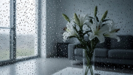Rainy day interior with white lilies on table by window