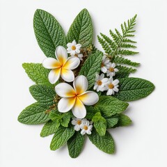 White and Yellow Plumeria Flowers with Lush Green Tropical Leaves on White Background