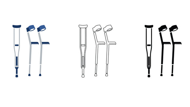 A collection of crutches in different colors and line art styles for medical use