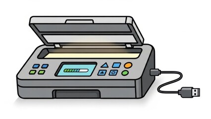 Flatbed Scanner with USB Cable and Loading Bar on Screen