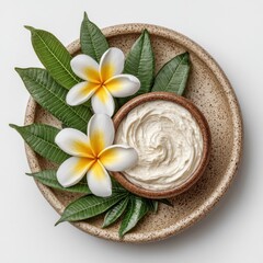 White Body Cream in Bowl with Tropical Flowers and Leaves on Beige Dish