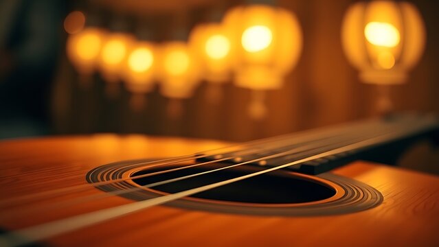 concet. Close-up of an acoustic guitar with warm wooden tones and a soft bokeh background of glowing orbs. tutorial guides, club newsletters, designed for sports & leisure club marketing.