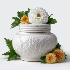 White Ceramic Urn with Embossed Floral Design and Chrysanthemum Flowers