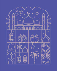 Obraz premium a delicate illustration showcasing islamic architecture crescent moon stars and praying hands within a rectangular frame high quality professional detailed modern