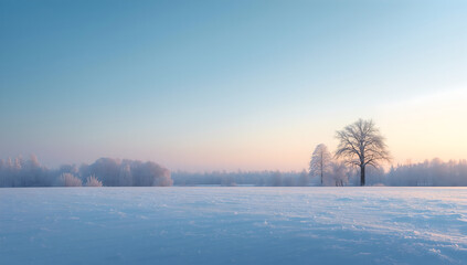Winter Landscape With Snow Covered Trees And Fields Under A Clear Blue And Orange Sky