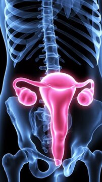 Medical 3D Animation: Female Reproductive System Highlighted in Pink with X-Ray Skeleton Loop on Black Background for