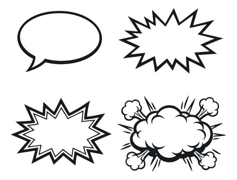 Comic style speech bubble and burst set featuring an oval message box, jagged explosion frames, and a smoke cloud effect for graphic design and pop art