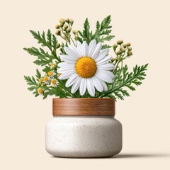 White Chamomile Flower in Speckled Cream Jar with Wooden Lid on Beige Background
