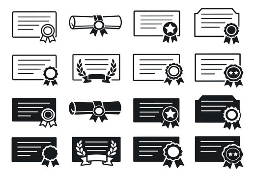 Modern icon certificate and diploma set featuring documents, scrolls, and award ribbons for academic and professional achievement - Powered by Adobe