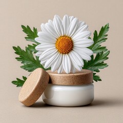 White Chamomile Flower with Cosmetic Cream Jar on Beige Background