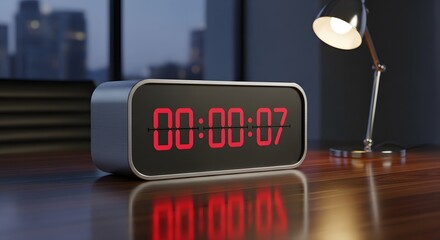 Retro Flip Clock Showing Seven Seconds With Desk Lamp On Wooden Table.