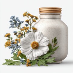 White Cosmos Flower and Speckled Ceramic Jar with Gold Lid