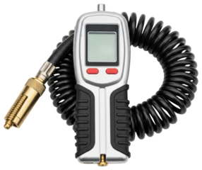 Digital tire pressure inflator gauge with coiled black rubber hose on a transparent background