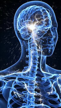 Medical Grade 3D Animation of Human Nervous System Anatomy with Glowing Details and Blue Background in 2160x3840