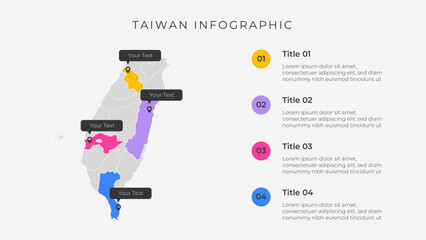 Taiwan map infographic template with 4 options. Taiwan administrative map infographic for presentation.