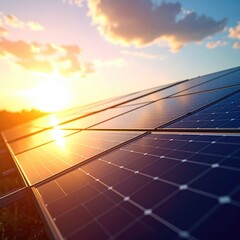 Solar panels gleam at sunset