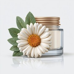 White Cream Jar with Chamomile Flower and Gold Lid on White Background