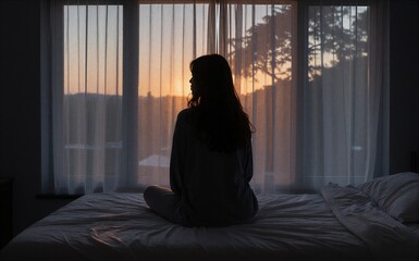 Silhouette of woman sitting on bed, gazing out window at sunset through sheer curtains.