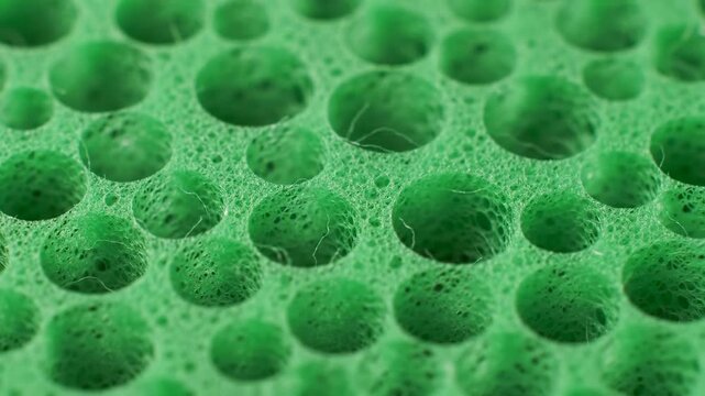 Close-up of a green sponge with a porous surface, creating an abstract texture.