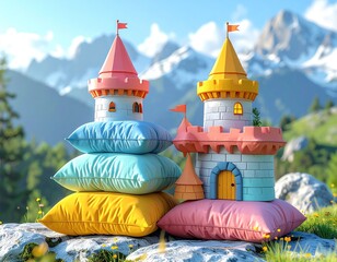 Pillows topped with toy castle towers