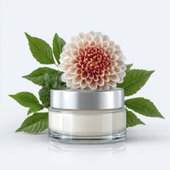 White Cream Jar with Dahlia Flower and Green Leaves on White Background