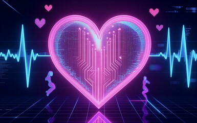 Neon heart pulses with dancing silhouettes, cyberpunk love beats in glowing rhythm.
