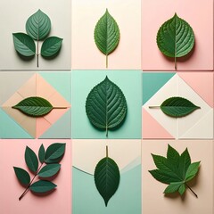Nine leaves on pastel square tiles
