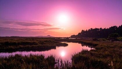 Vibrant sunset over marshland river