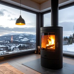 Fireplace warms mountain chalet view