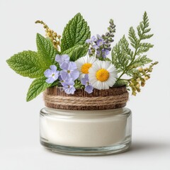 White Cream Jar with Delicate Purple and White Flowers and Herbs on White Background