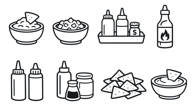 Line art condiments and dips set featuring guacamole, salsa, sauces, and tortilla chips for food service