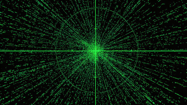 An abstract digital radar screen with green lines and circular patterns against a dark backdrop - Powered by Adobe